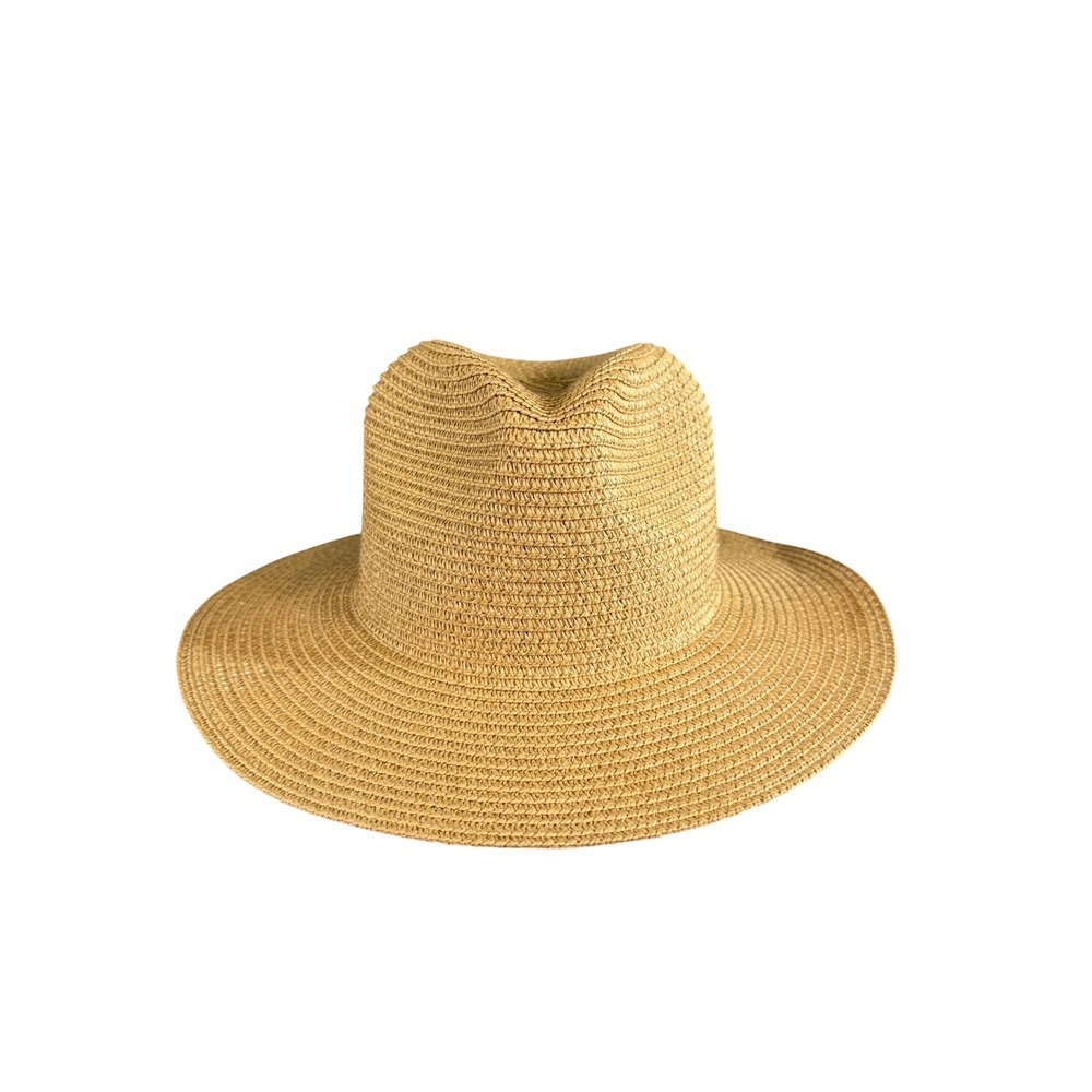 Tan Woven Straw Fedora Sun Hat Pinched Crown Adjustable Summer Beach Hat
